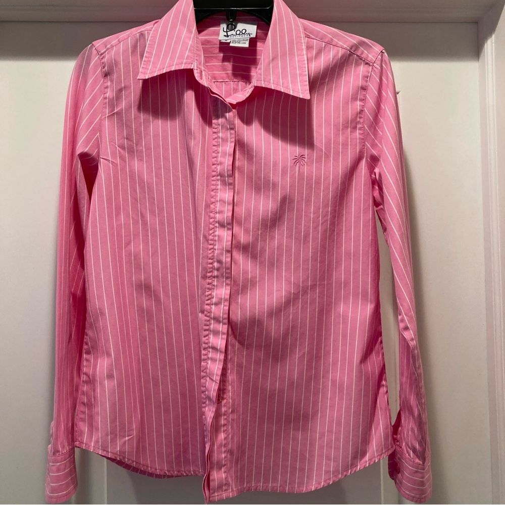 Lilly Pulitzer Blouse Pink Stripe Collar Long Sleeve Button 6 White Tag VINTAGE